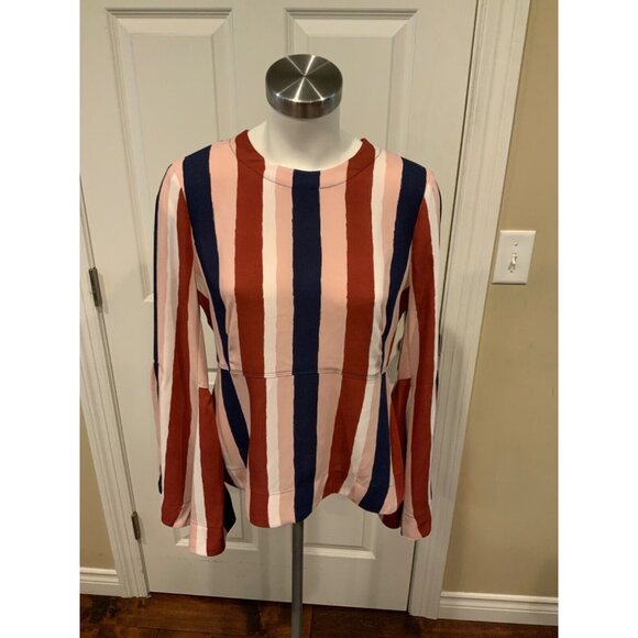 BCBG Max Azria Pink, Red, Blue & White Striped Peplum Blouse Size Small - Picture 1 of 5